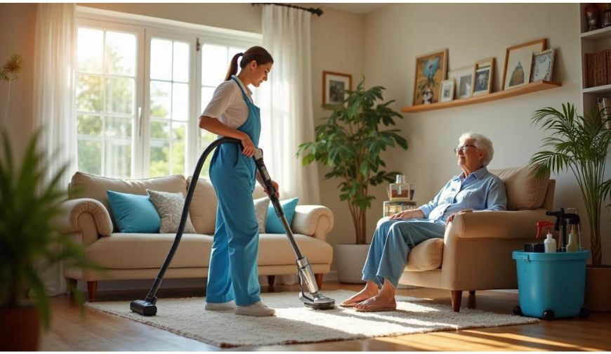 Caregiver providing light housekeeping support for a senior at home