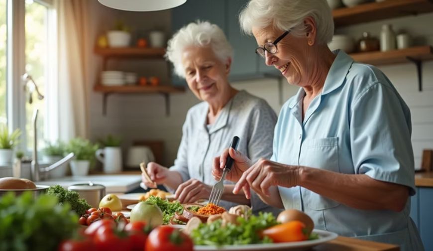 Caregiver helping a senior woman prepare a healthy meal at home